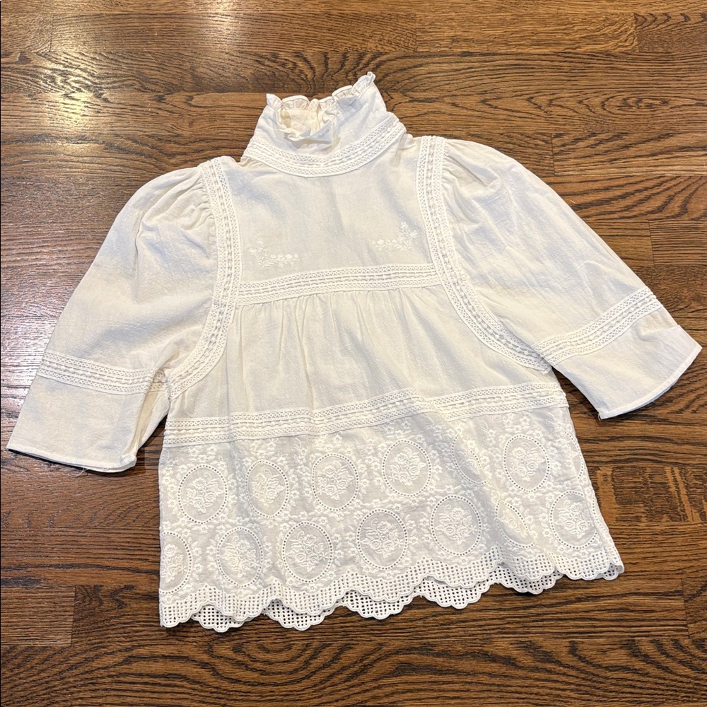 Meadows off White Lace eyelet mock Neck peasant Top, short sleeve, 2